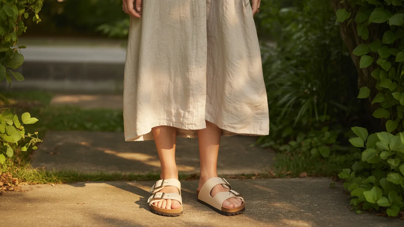  A woman in a dress and sandals stands in front of lush green bushes, enjoying a sunny day outdoors.