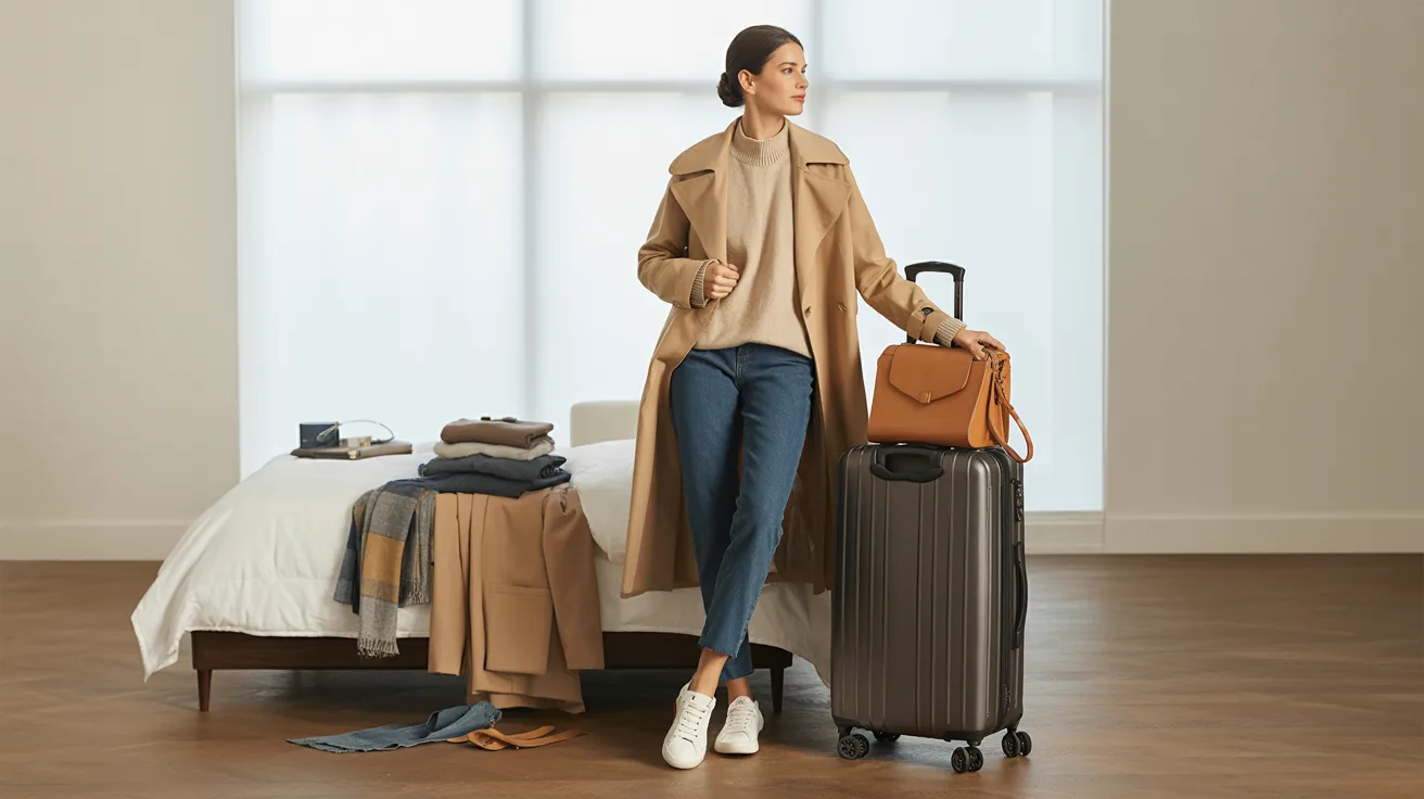 A woman stands in front of a bed, surrounded by open luggage, preparing for her trip.