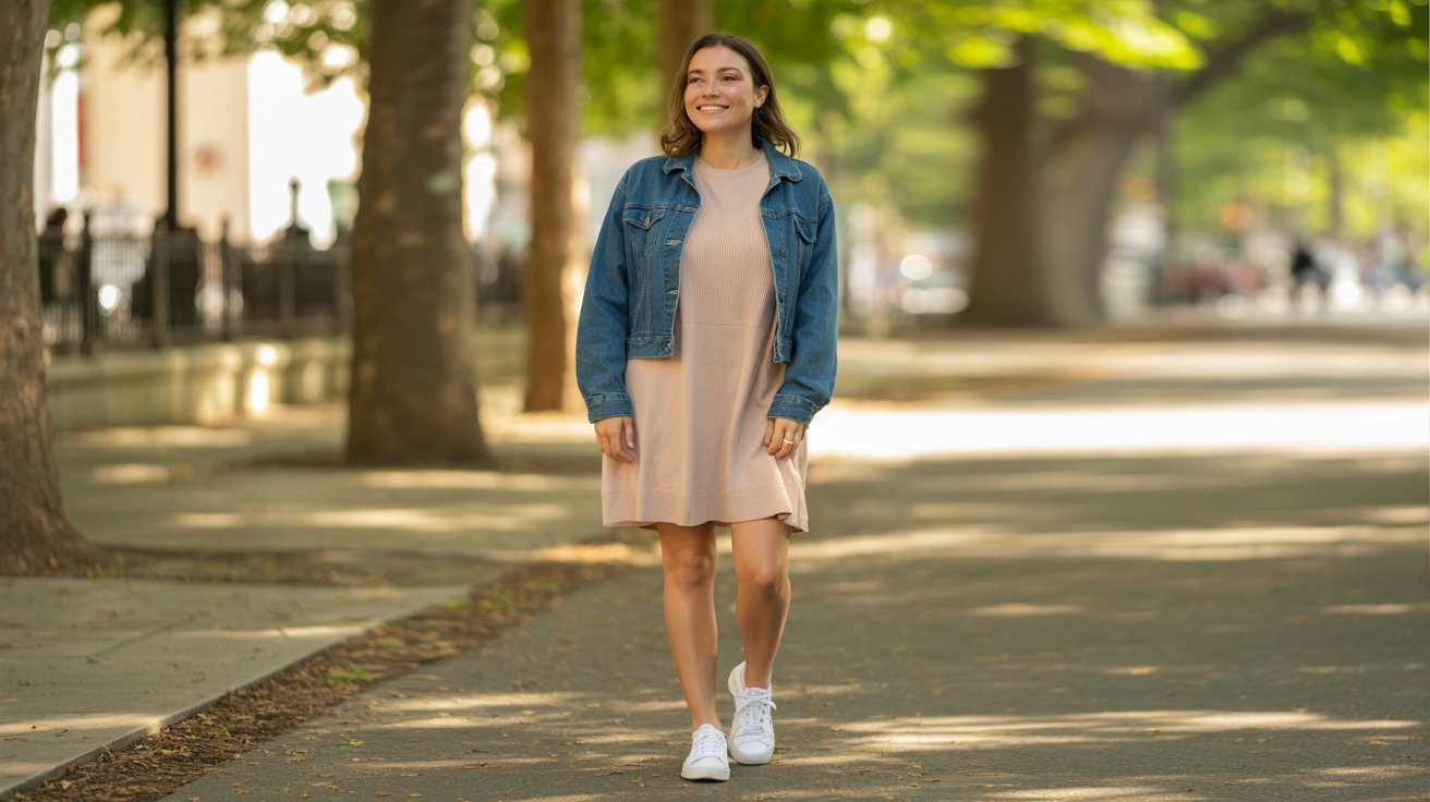 Knit Dress + Denim Jacket + White Sneakers