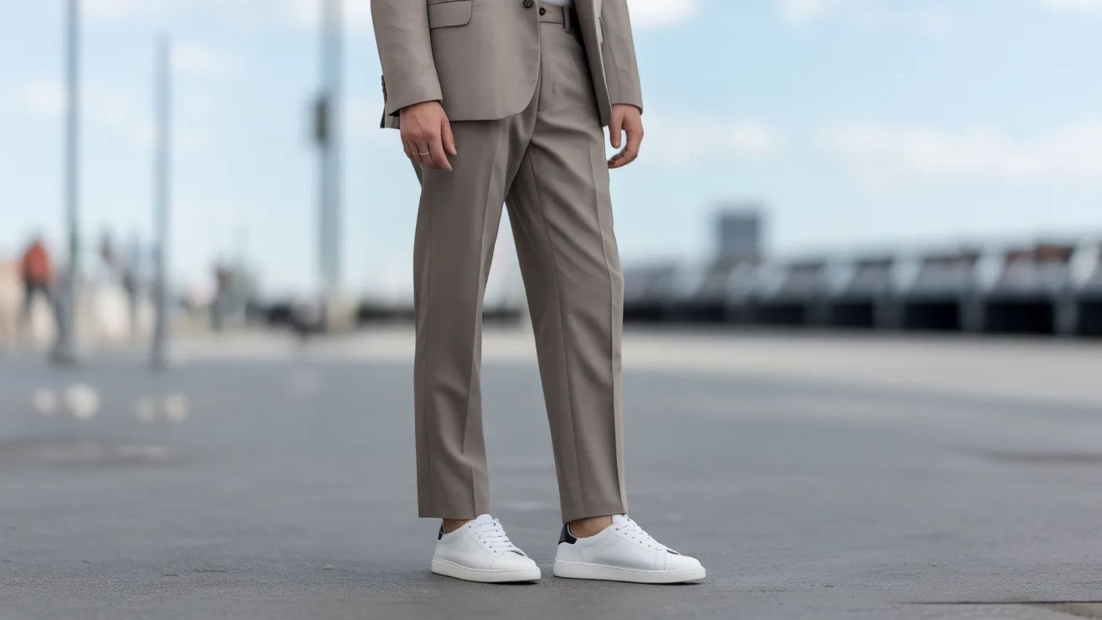 A man wearing a suit paired with white sneakers stands confidently, showcasing a blend of formal and casual styles.