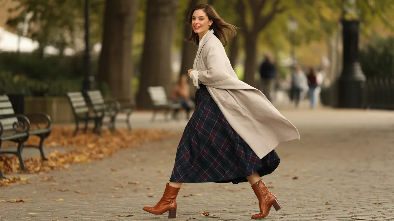 A woman in a long coat and skirt walks along a sidewalk, surrounded by trees and urban scenery.