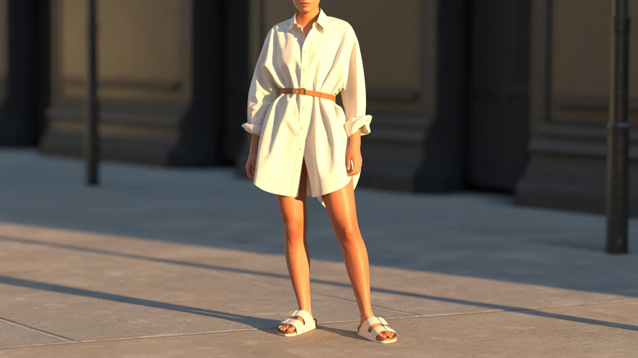  A woman wearing a white shirt and sandals stands on a sidewalk, looking ahead with a neutral expression.
