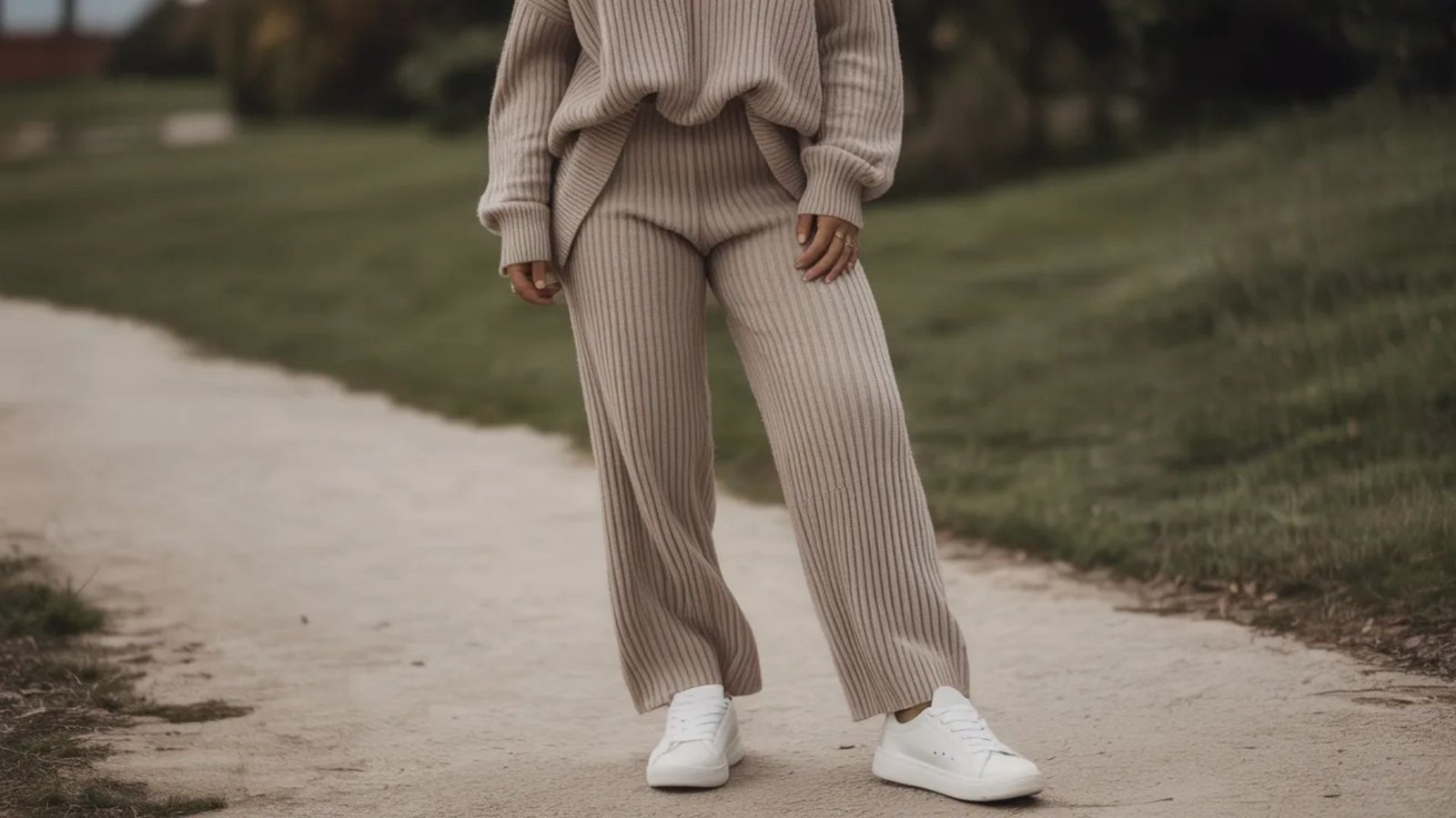 A model dressed in a beige sweater and matching pants stands confidently, showcasing a neutral and stylish outfit.