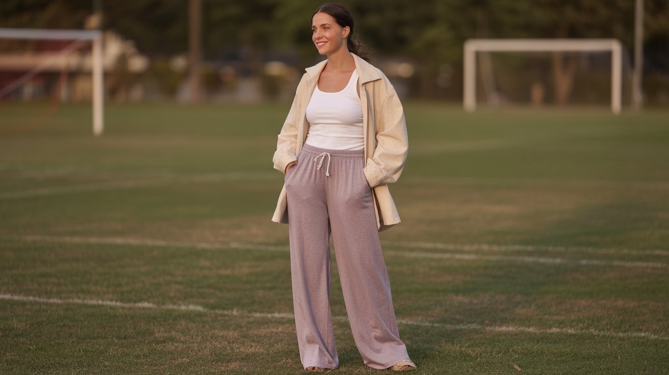 A woman in a white top and lavender pants stands confidently on a soccer field, ready for action.