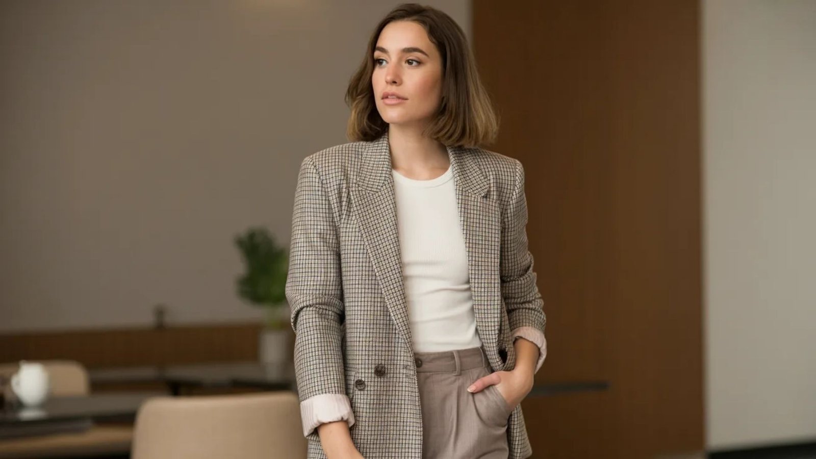 A woman in a suit and white shirt stands confidently in a well-lit room, exuding professionalism and poise.
