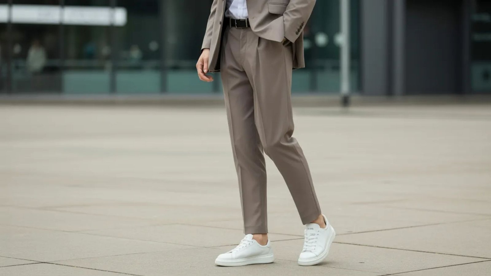 A woman wearing a tailored suit paired with white sneakers, standing confidently in a professional setting.