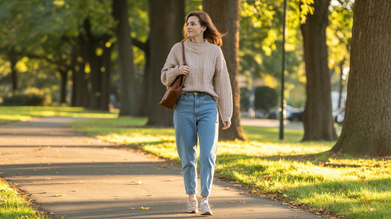 A woman walking along a tree-lined path in a park, enjoying the outdoors.