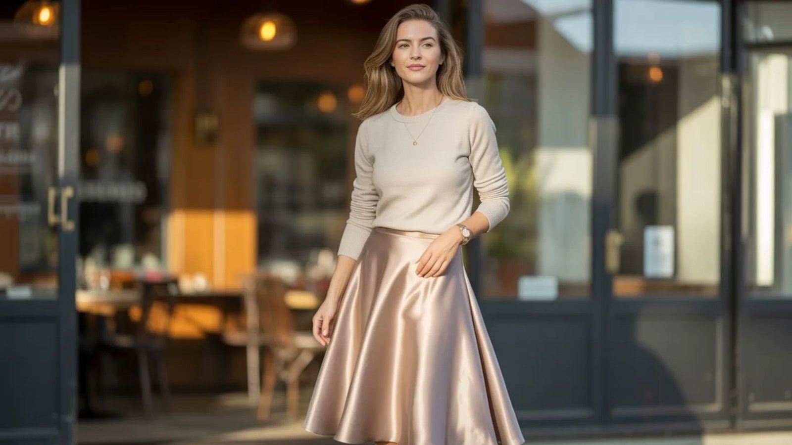 A woman wearing a beige sweater and skirt stands confidently, showcasing a stylish and casual outfit.