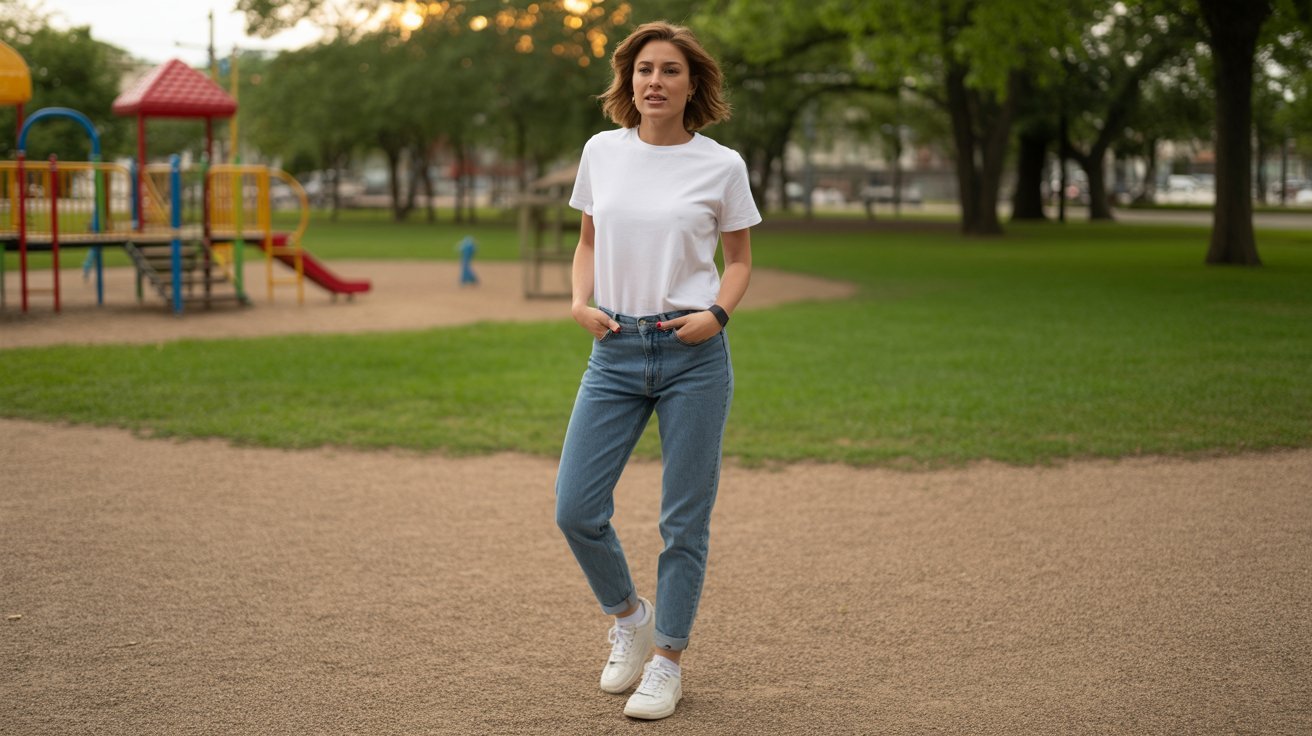 Classic White Tee + Blue Jeans + Comfortable Trainers