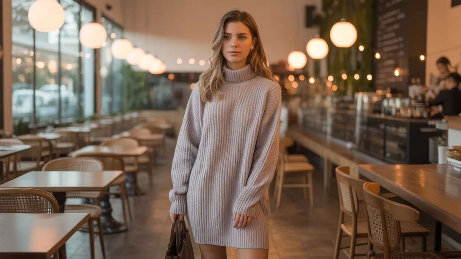 A woman in a sweater dress stands elegantly in a restaurant, surrounded by a warm and inviting atmosphere.