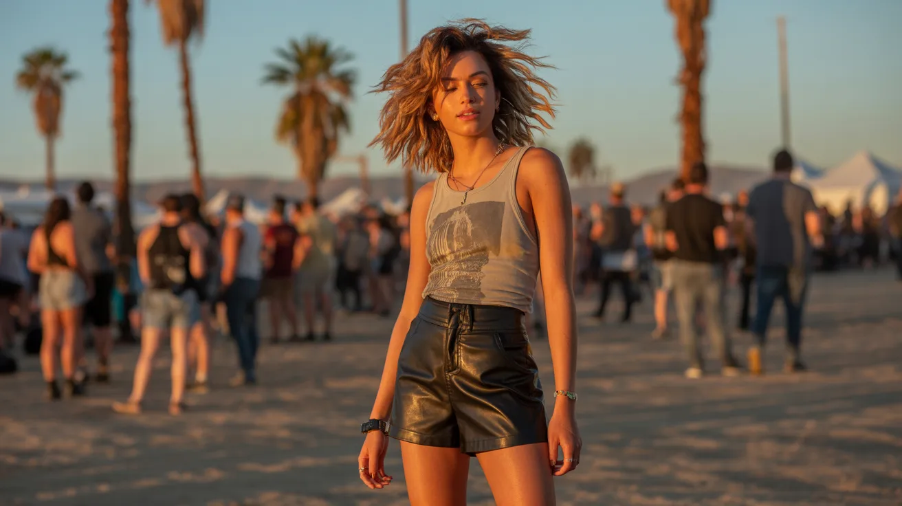 A woman wearing leather shorts and a tank top stands on a beach, with waves gently lapping at the shore behind her.