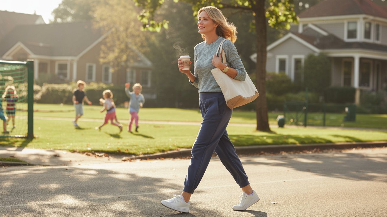 A woman strolls down a city street, holding a cup of coffee in her hand, enjoying her morning routine.
