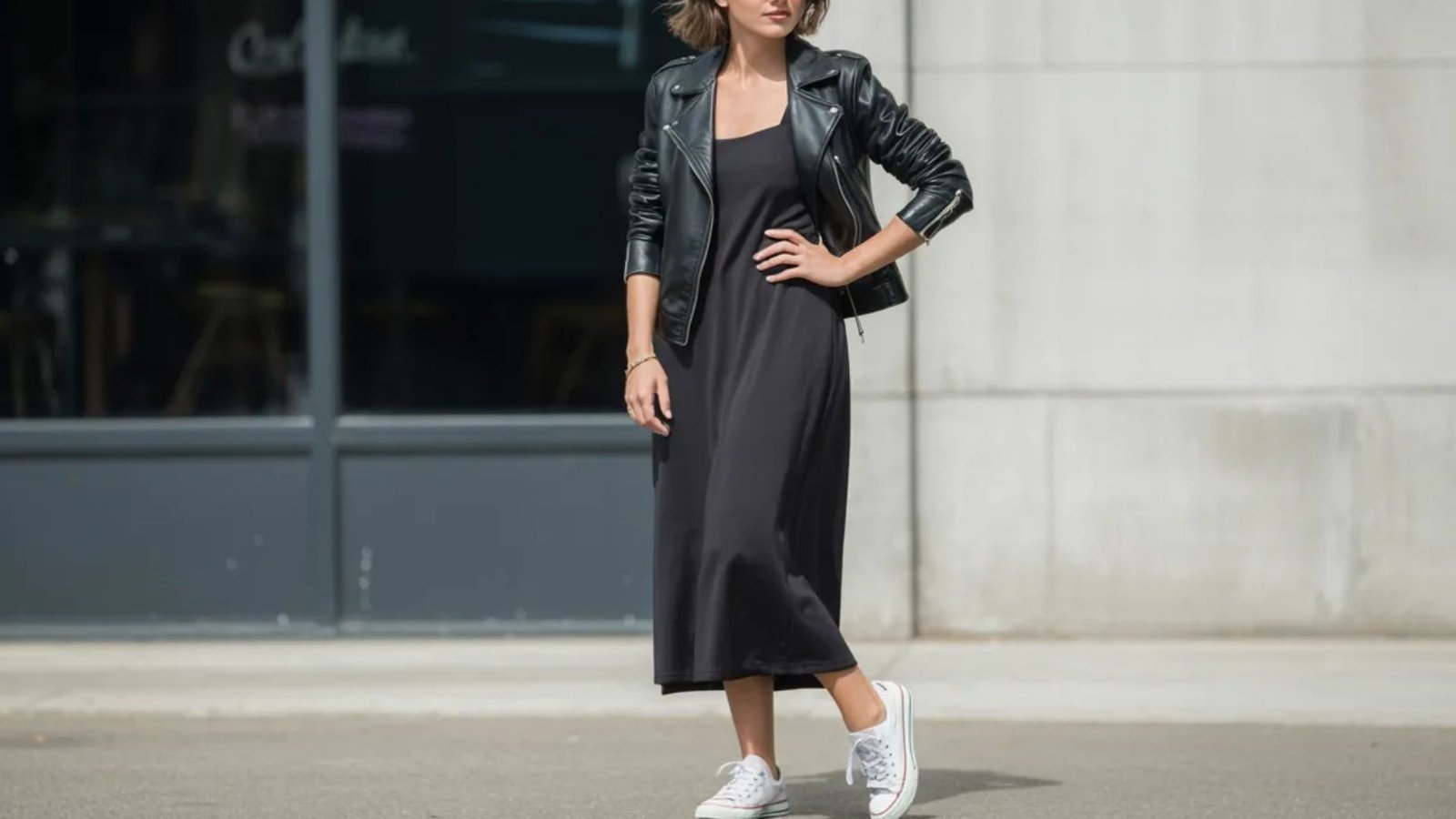 A woman wearing a black dress and a leather jacket stands confidently, showcasing a stylish and edgy look.