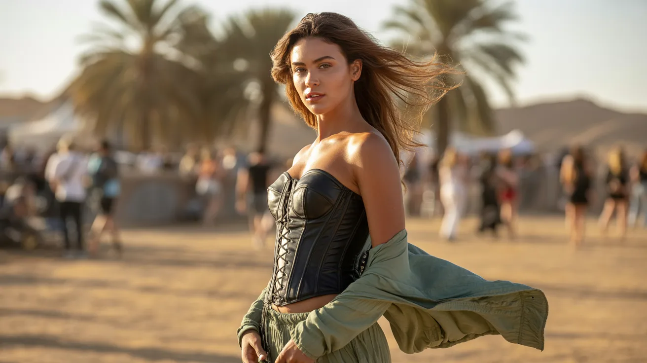 A woman in a corset stands confidently in a vast desert landscape under a clear blue sky.
2. In the desert, a woma