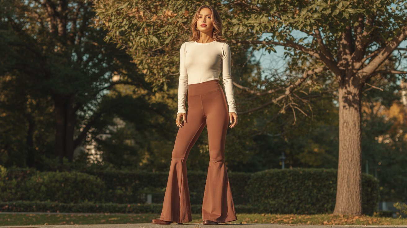 A woman wearing a white top and brown bell-bottom pants stands confidently, showcasing her stylish outfit.