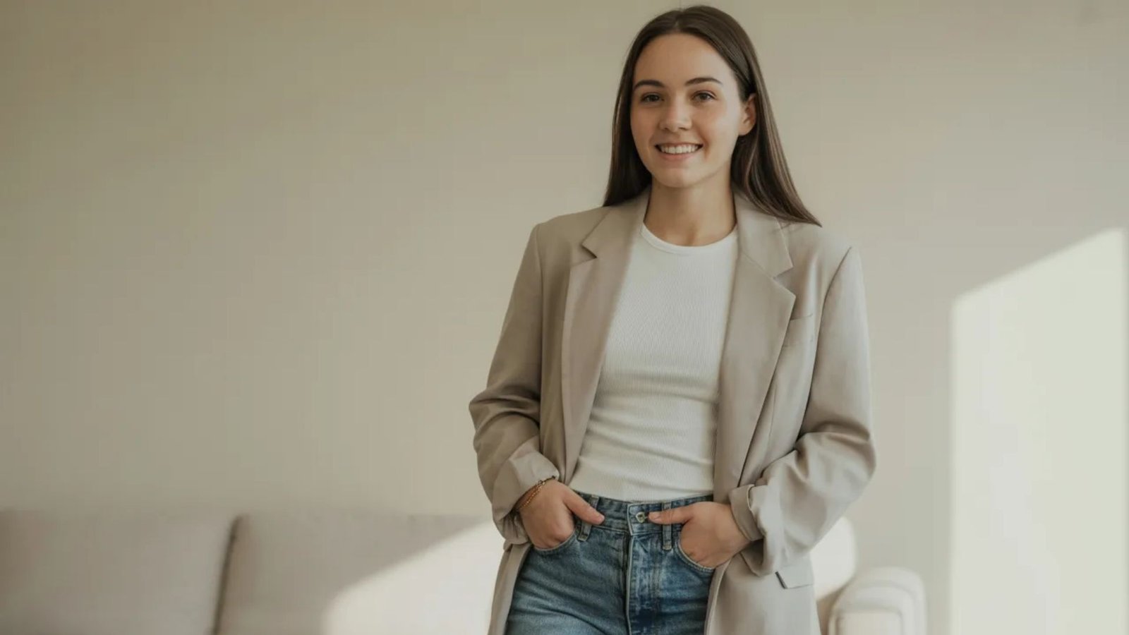 A woman wearing a white shirt and jacket poses in front of a couch, showcasing a modern and elegant living space
