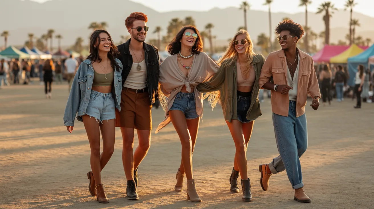 Four friends stroll through a desert landscape at sunset, casting long shadows against the vibrant sky.