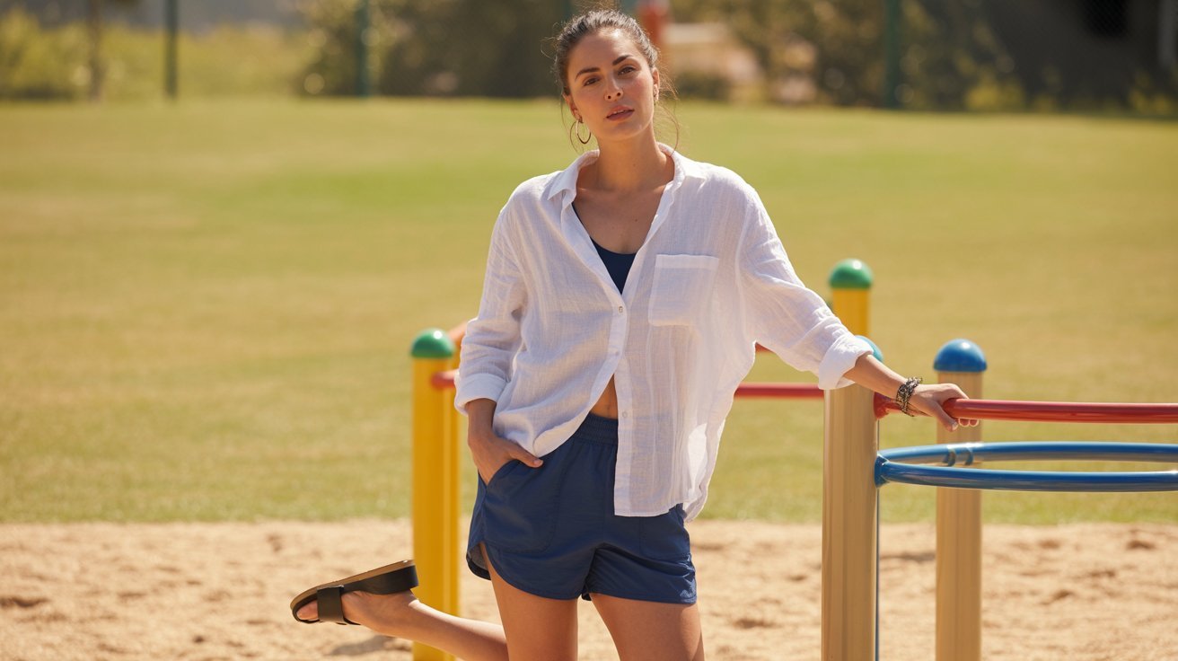 Button-Down Shirt + Athletic Shorts + Slides