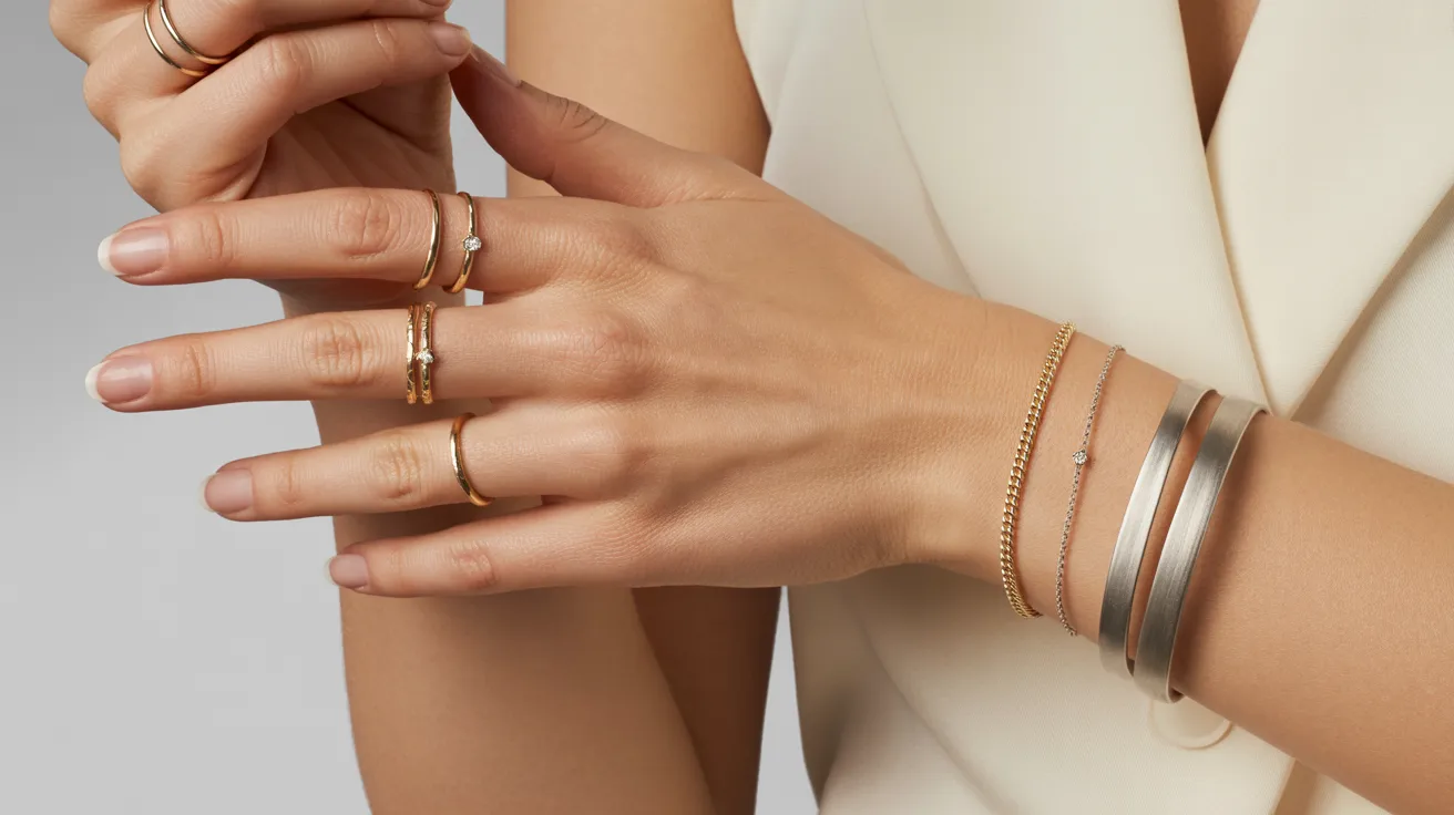 A woman dressed in a white blouse, adorned with a gold bracelet, poses gracefully for the photograph.