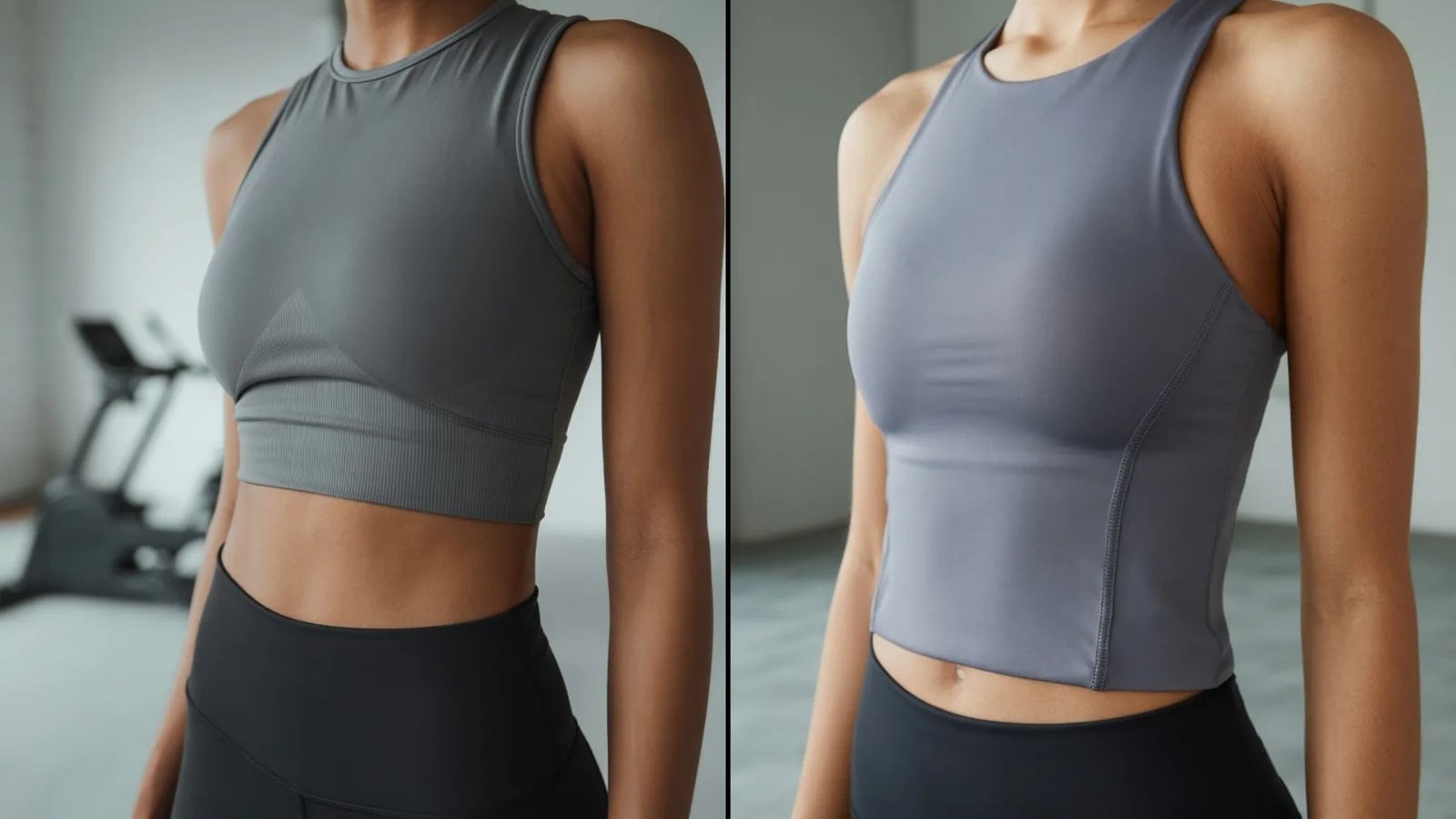 Two women in sports bras striking various poses, showcasing athleticism and confidence in a fitness setting.