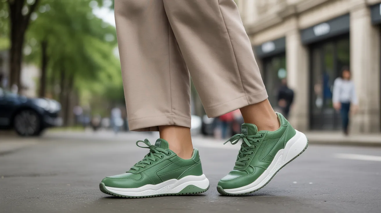 A woman wearing green sneakers stands on a city street, surrounded by urban scenery.