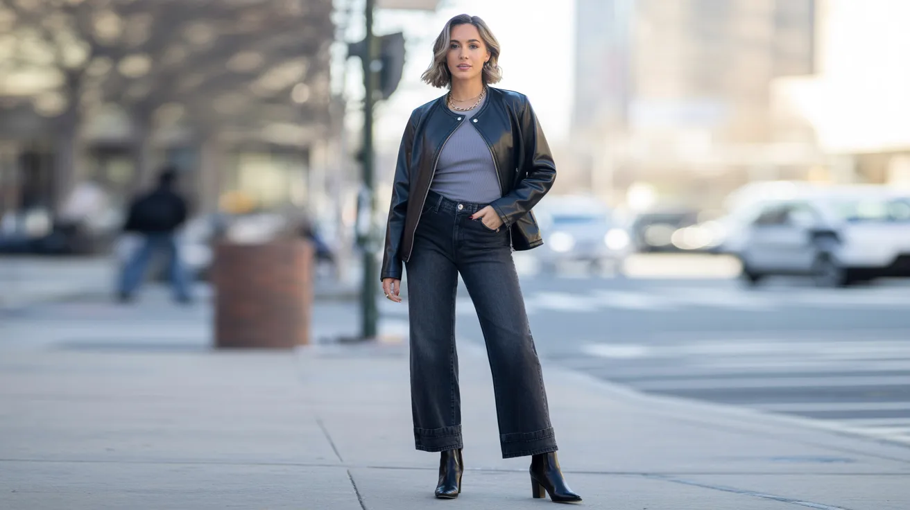 A woman wearing a black leather jacket and jeans stands confidently on a city street.