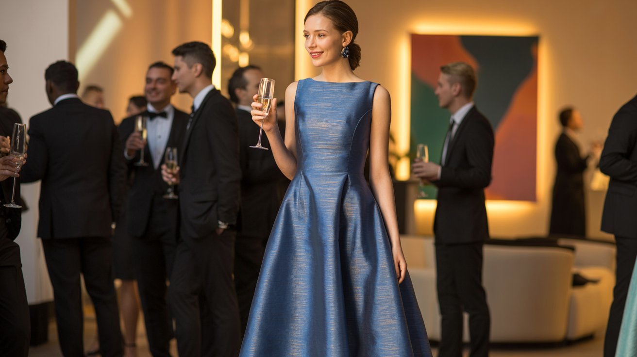 A woman in a blue dress elegantly holds a glass of wine, smiling as she enjoys a social gathering.
