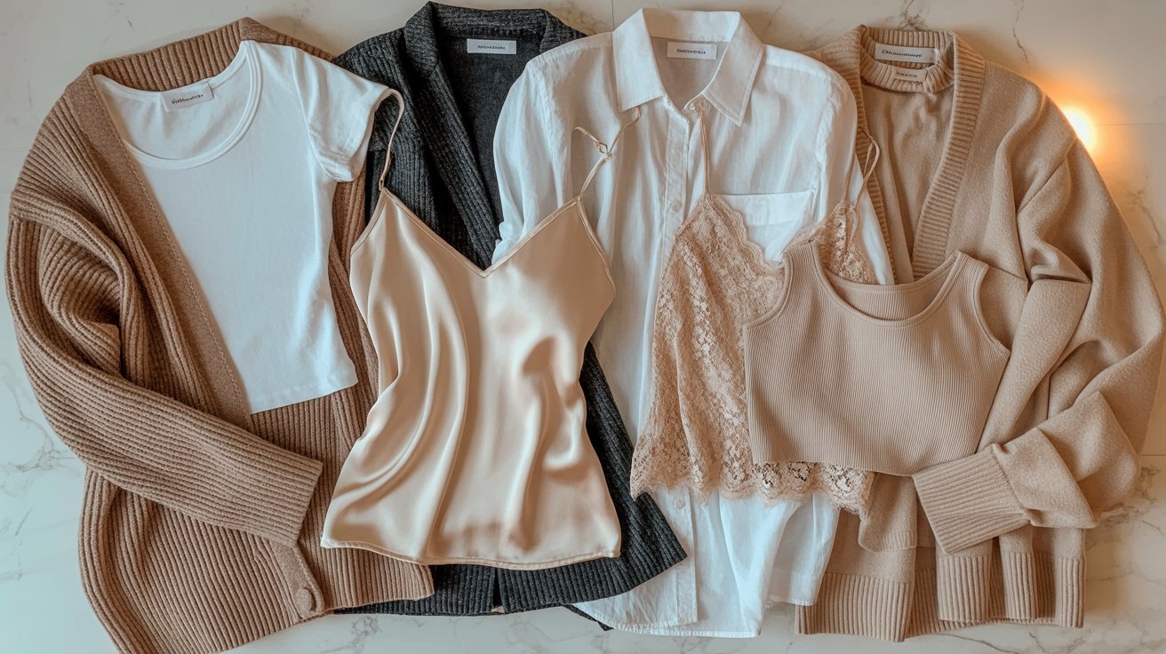 Various garments displayed on a smooth marble countertop.