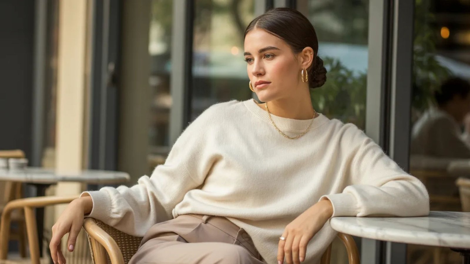 A woman wearing a white sweater is seated at a table, engaged in conversation or contemplation.
