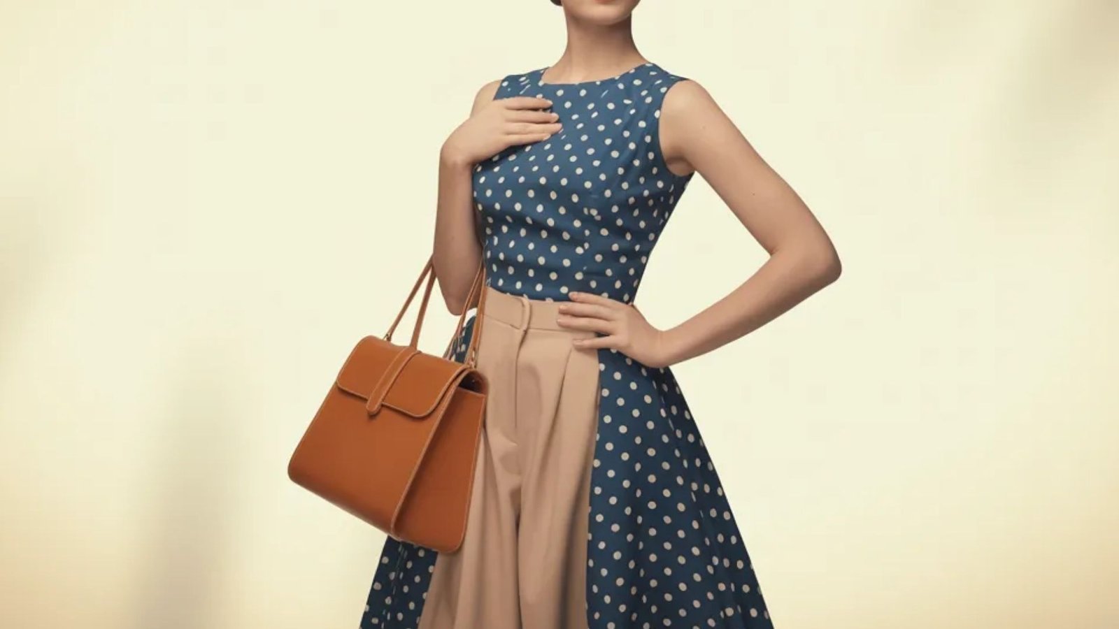 A woman in a polka dot dress and hat carries a brown bag, smiling as she poses outdoors.