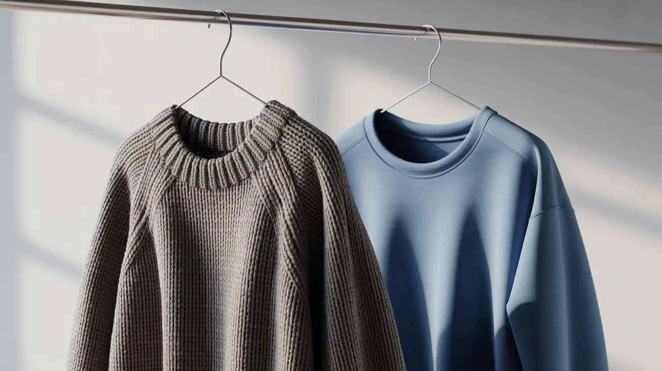 A collection of pullovers and sweaters neatly displayed on hangers