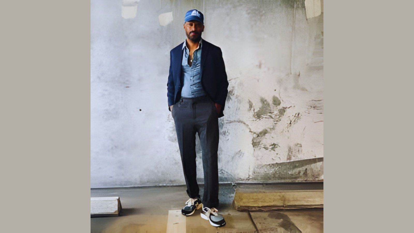 A man wearing a blue hat and blue shirt stands in front of a textured wall.