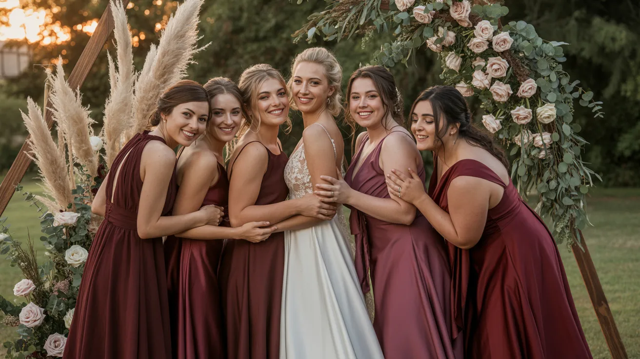  Bridesmaids smile and pose together in front of a beautifully decorated wedding arch.
