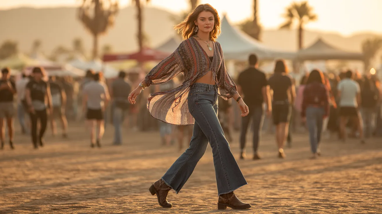 A woman in jeans and a top strolls along the beach, with waves gently lapping at the shore in the background.