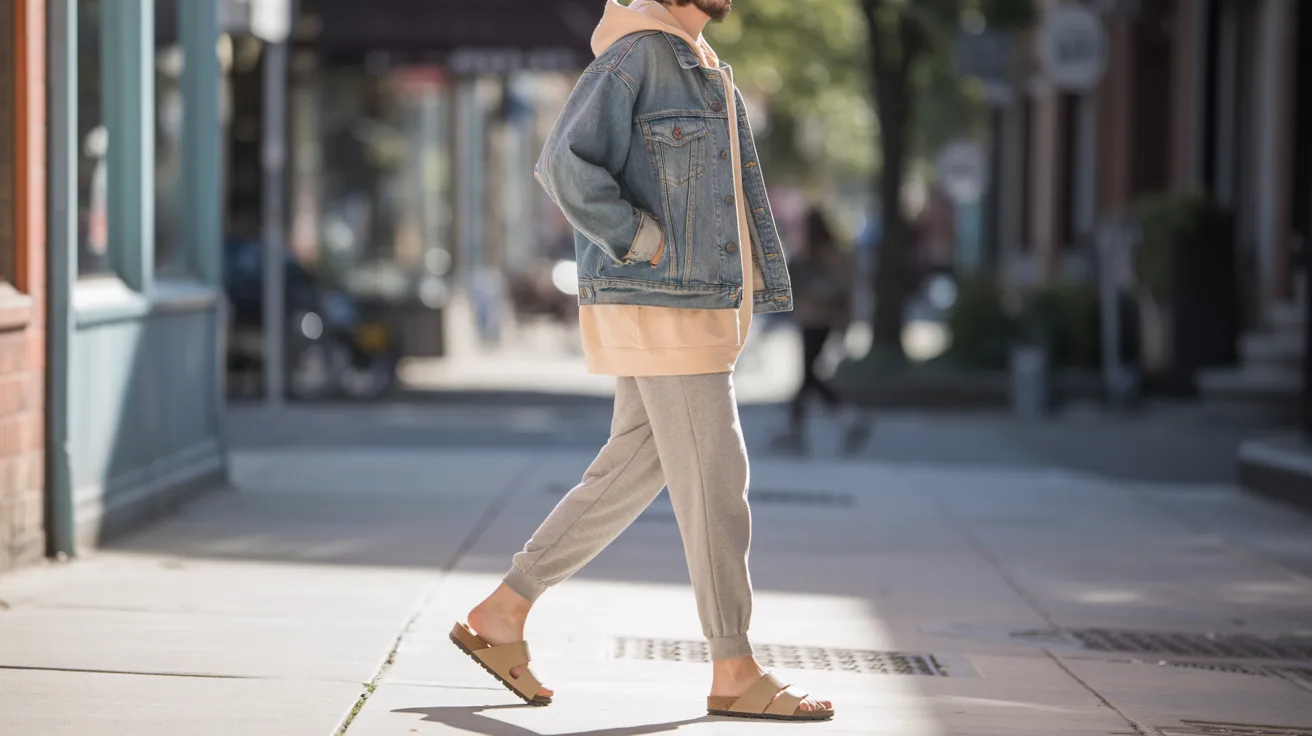 A woman in a denim jacket walks confidently down a bustling city street, surrounded by urban scenery.