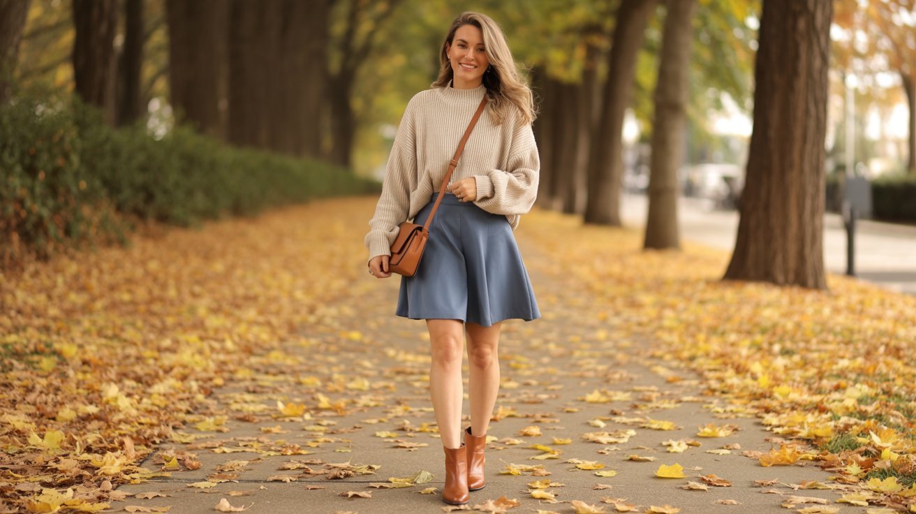 A woman in a sweater and skirt walks along a path surrounded by greenery.