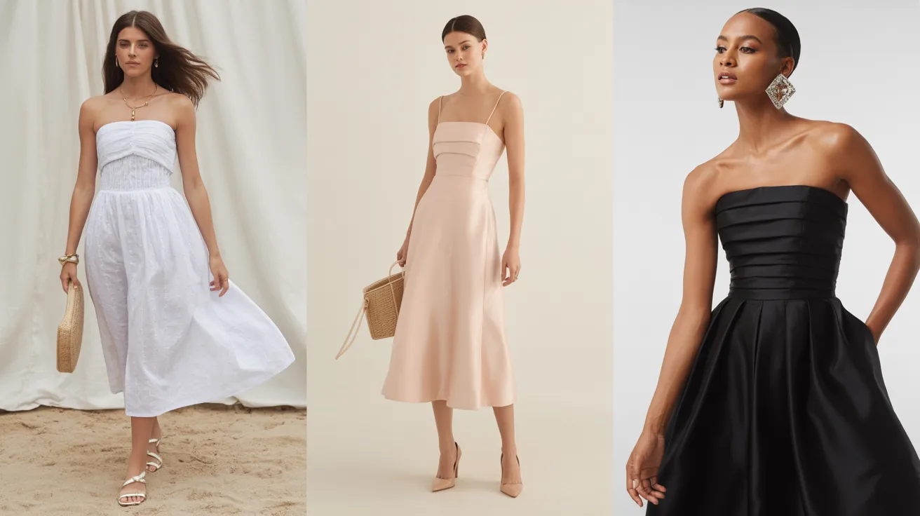  Four dresses displayed in various styles and colors, showcasing a range of fashion options for different occasions.
