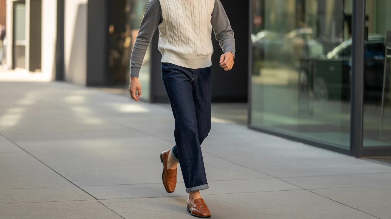 A man dressed in a sweater and jeans walks down the street, surrounded by buildings.