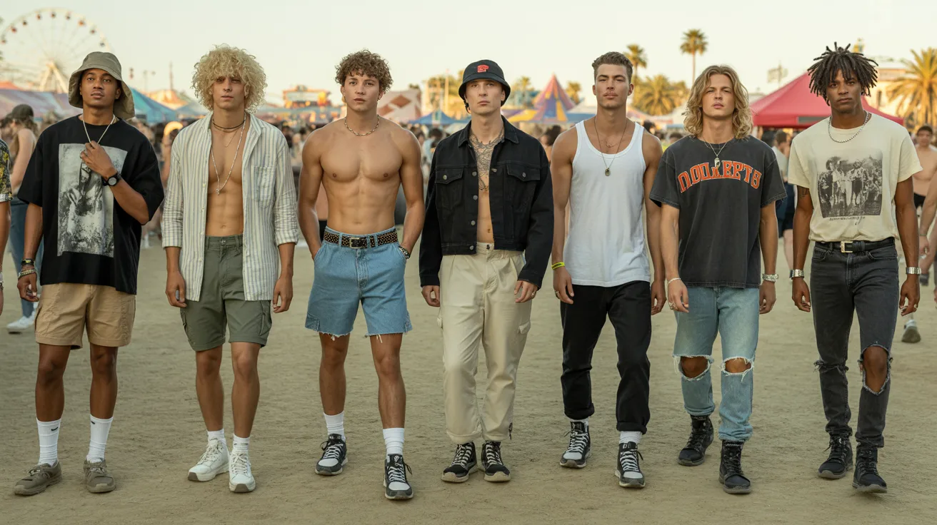 A group of shirtless men standing together in a grassy field under a clear blue sky.