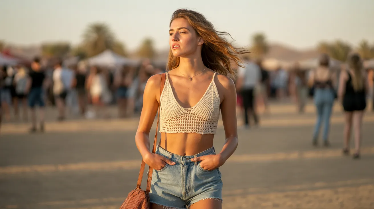 A woman wearing a crop top and denim shorts stands confidently, showcasing a casual summer outfit.