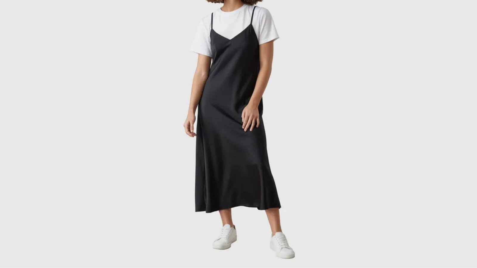 A stylish black slip dress with a v-neckline, ideal for both casual and formal settings.
