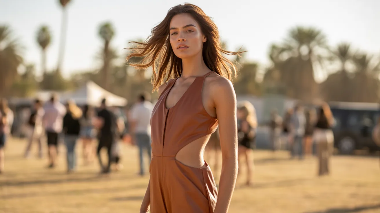 A woman in a brown leather dress walks confidently along a path, showcasing her stylish outfit.