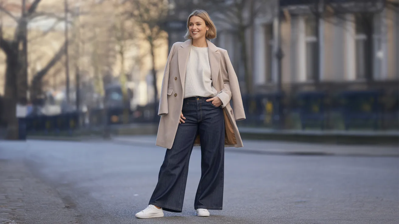 A woman in a coat and wide pants stands on a street, exuding a chic and contemporary vibe amidst the city backdrop.