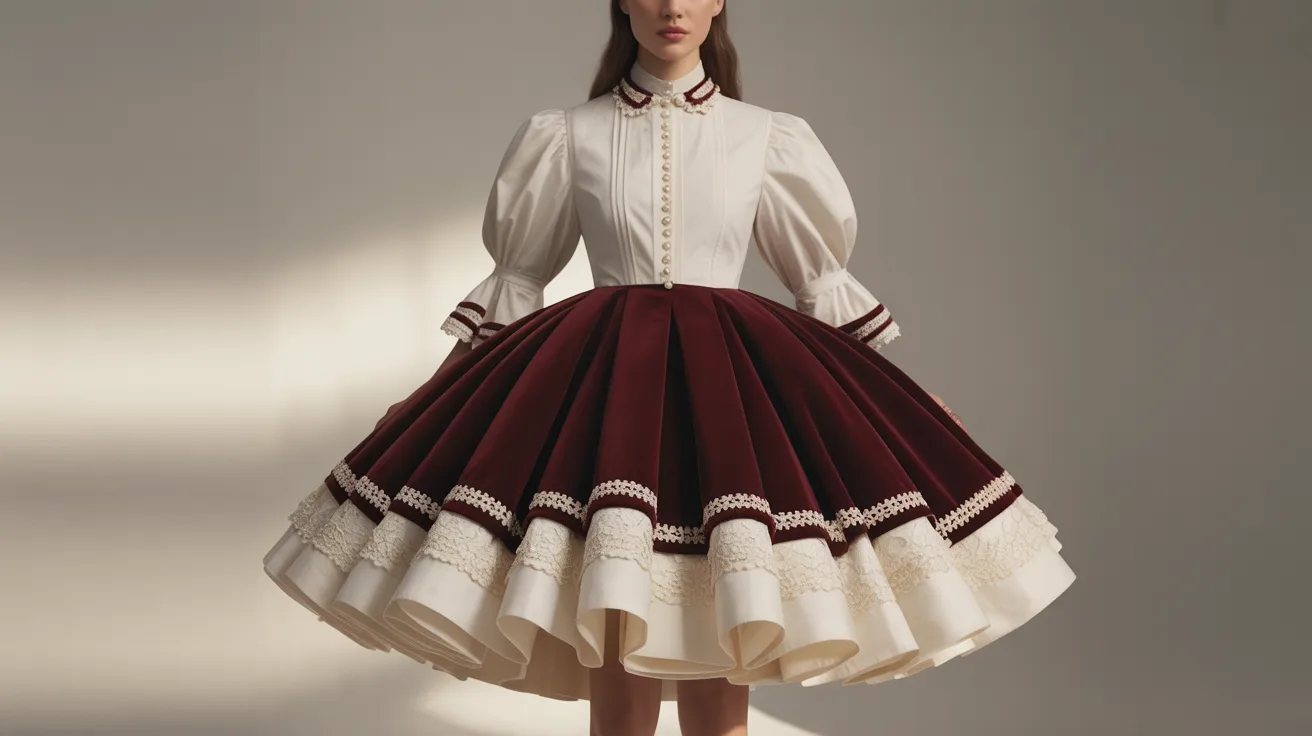 A model poses in a white shirt paired with a burgundy skirt, showcasing a stylish and elegant outfit.