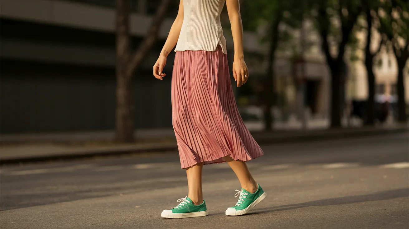 A woman in a pink skirt and white top walks down the street, surrounded by urban scenery.