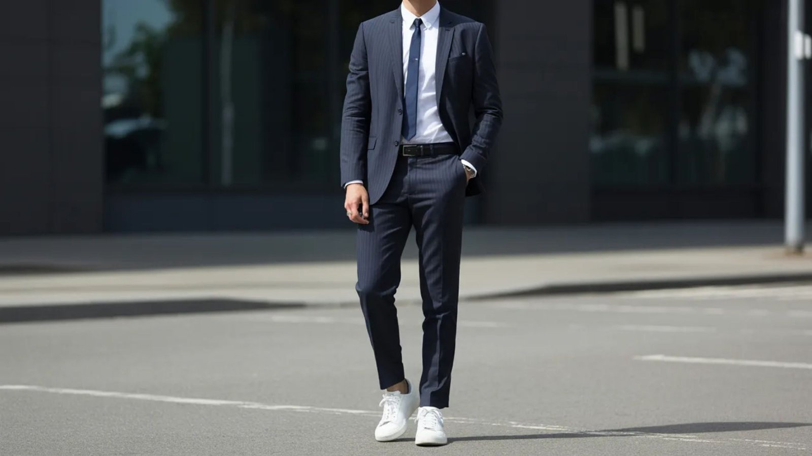 A man in a suit and white sneakers stands confidently on a city street, blending formal and casual styles.