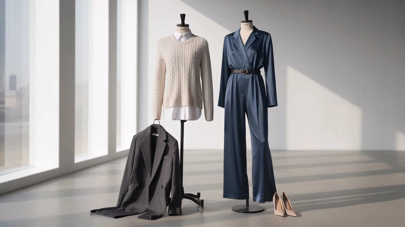 Three mannequins dressed in various outfits displayed on stands in a retail setting.