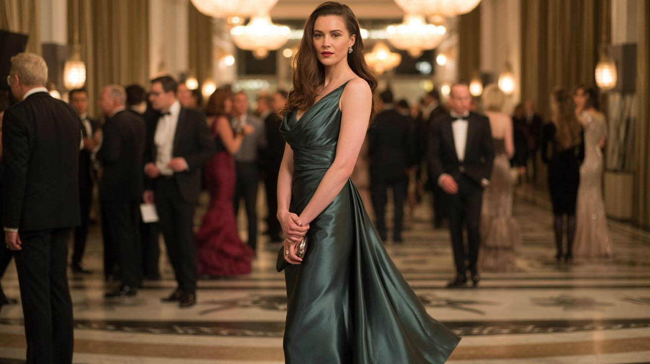 A woman in a green dress stands elegantly in a well-lit hallway, showcasing her confident posture.