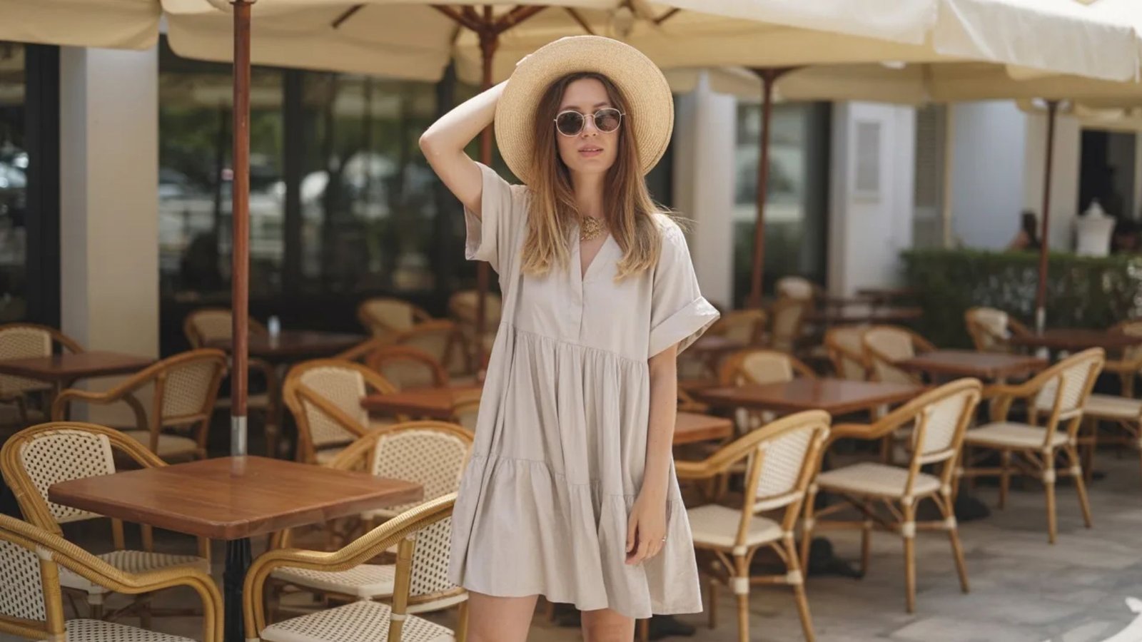 A woman wearing a hat and dress stands outside an outdoor cafe, enjoying the ambiance of the lively setting.