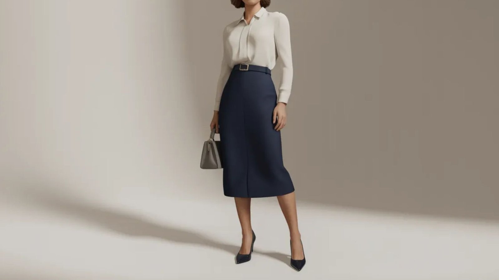 A woman wearing a white shirt and navy skirt stands confidently, showcasing a professional appearance.
